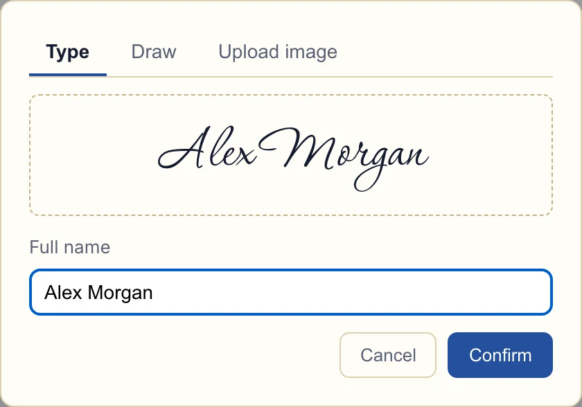 Signature dialog with Type, Draw and Upload image choices and the fictional name Alex Morgan