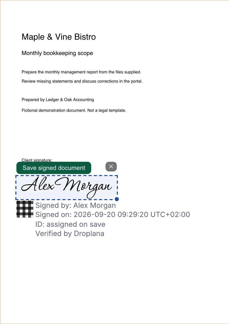 Signature placed on a fictional bookkeeping scope PDF with the Save signed document control