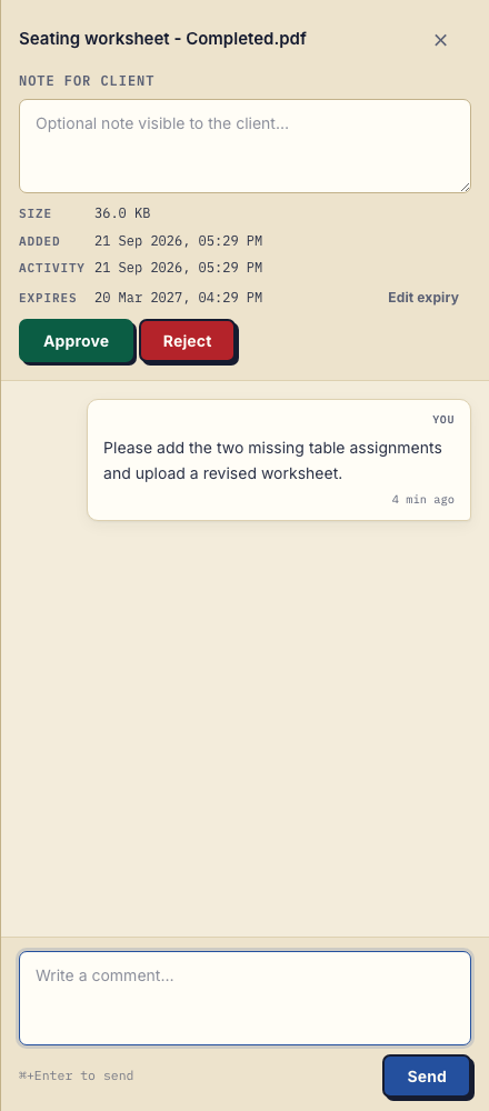 Desktop sidebar for Seating worksheet - Completed.pdf with a request for two missing table assignments