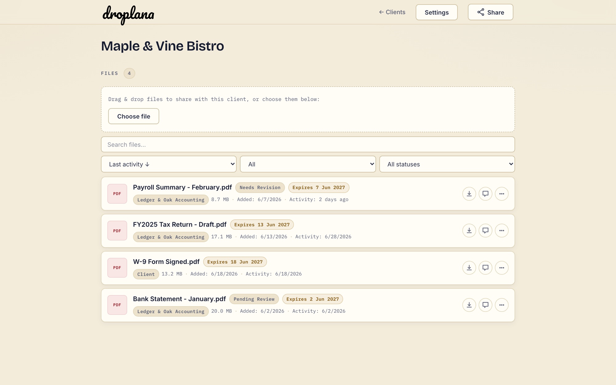 A client workspace in Droplana with drag-and-drop upload, file statuses, and per-file comments