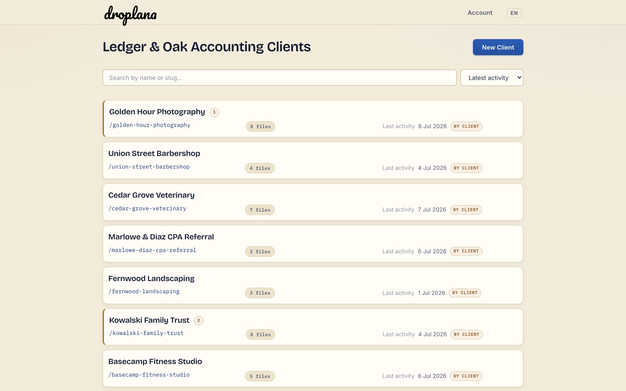 Droplana dashboard listing clients with file counts and latest activity