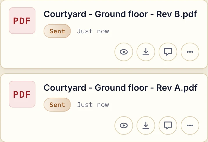 Courtyard ground-floor PDF revisions B and A shown as separate sent files in the business view