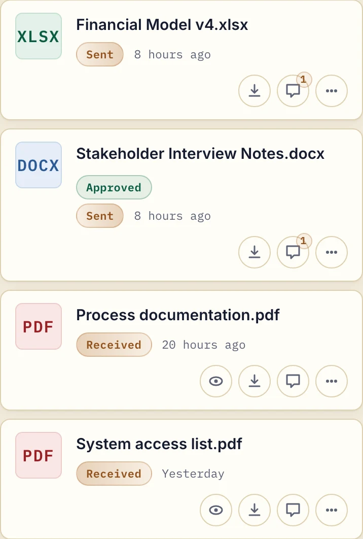Consulting portal with a financial model and interview notes sent to the client and process documentation and an access list received