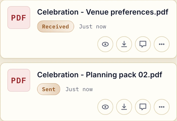 Business view showing received Celebration venue preferences and the sent Planning pack 02 PDF