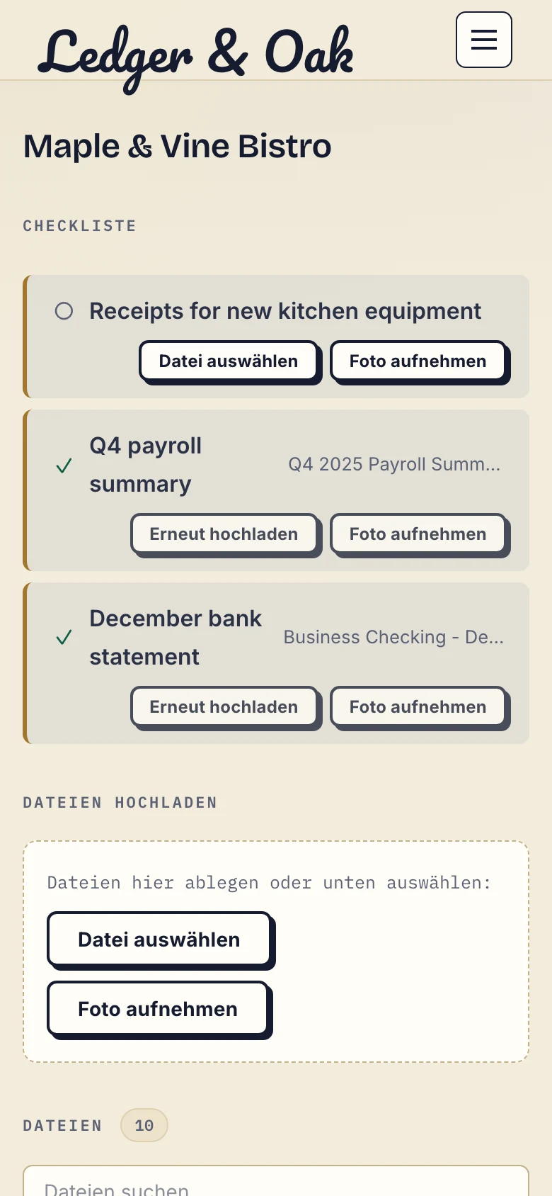 Mobiles Mandantenportal mit Checkliste und Schaltflächen zum Auswählen einer Datei oder Aufnehmen eines Fotos