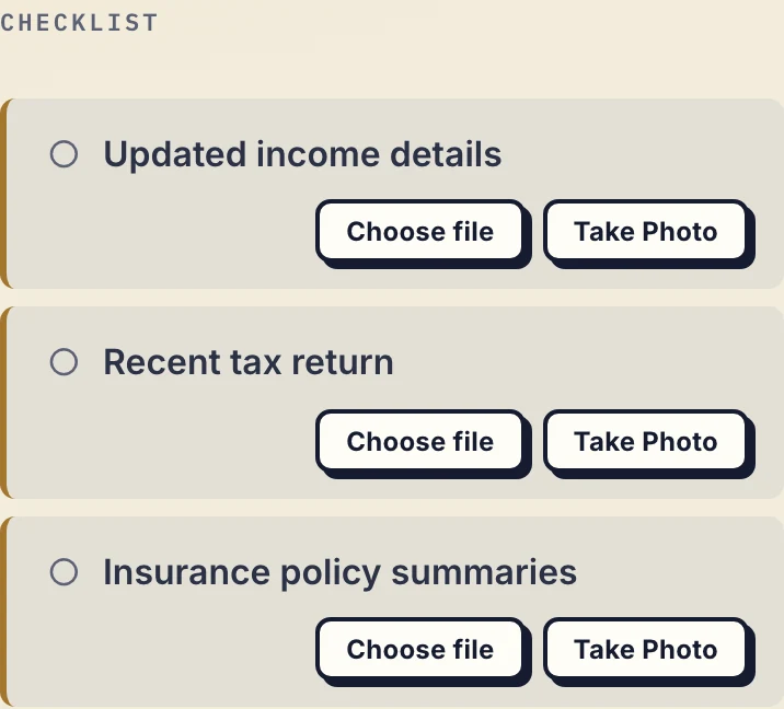 Financial advice annual-review checklist requesting updated income details, recent tax return and insurance policy summaries