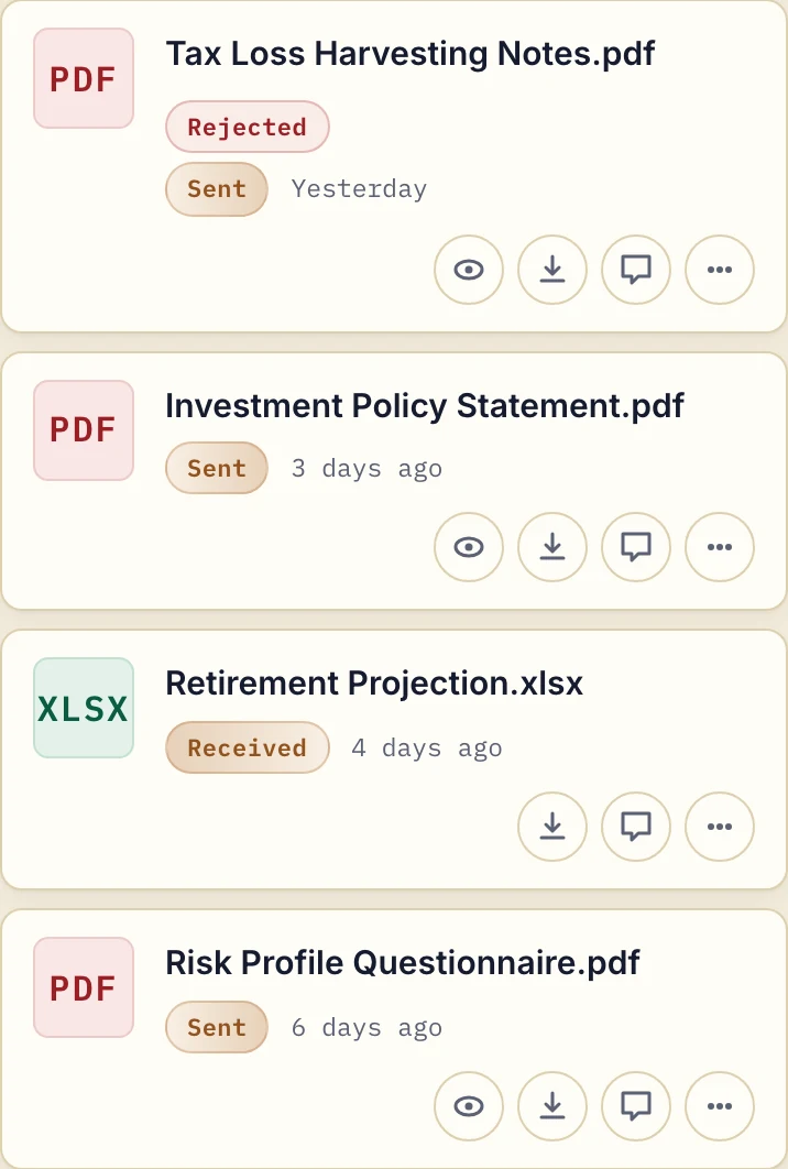 Actual financial-adviser file list with an investment policy statement sent and a retirement projection received