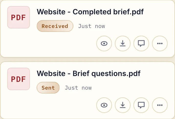 Actual portal file list showing the sent request or delivery document and the received client response.