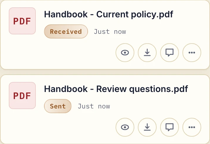 Business view showing the received Handbook current policy and sent review questions PDF