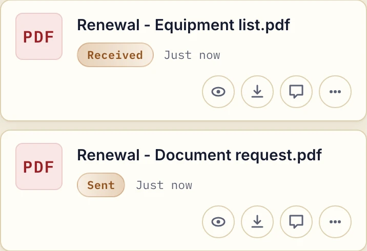 Business view showing the received Renewal equipment list and sent document request PDF