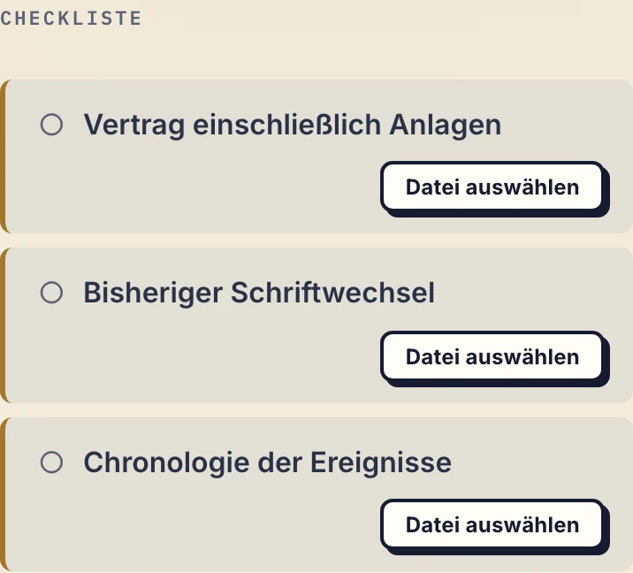 Deutsche Mandanten-Checkliste mit Vertrag einschließlich Anlagen, bisherigem Schriftwechsel und Chronologie der Ereignisse
