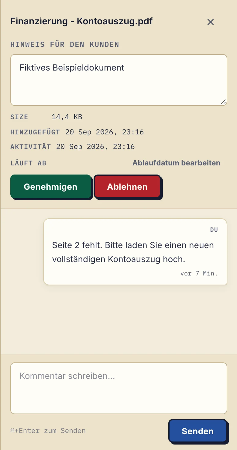 Kundenportal für Finanzierungsberater: fehlende Seiten nachfordern