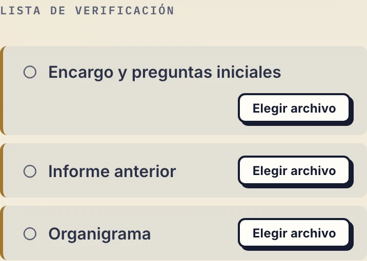 Lista en español con encargo y preguntas iniciales, informe anterior y organigrama pendientes