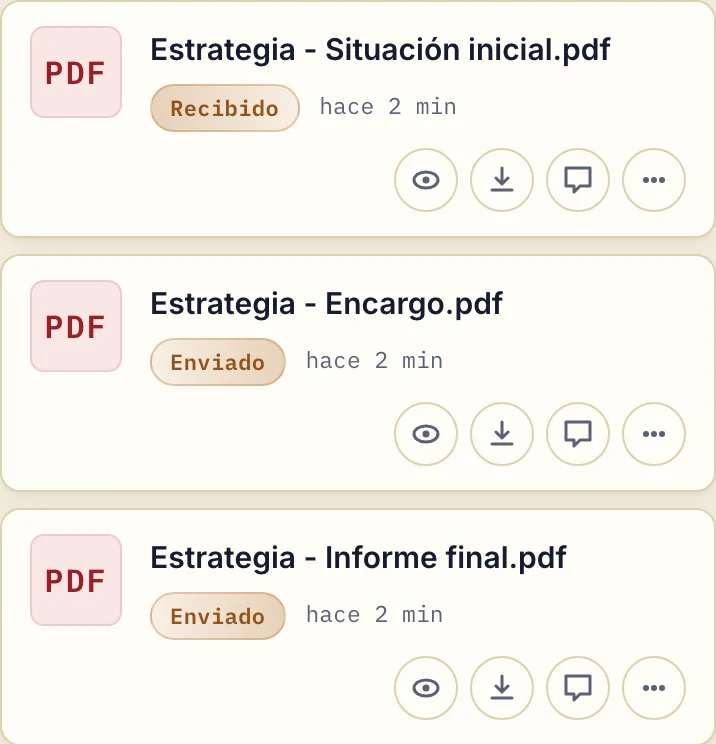 Archivos de estrategia con situación inicial recibida y encargo e informe final enviados