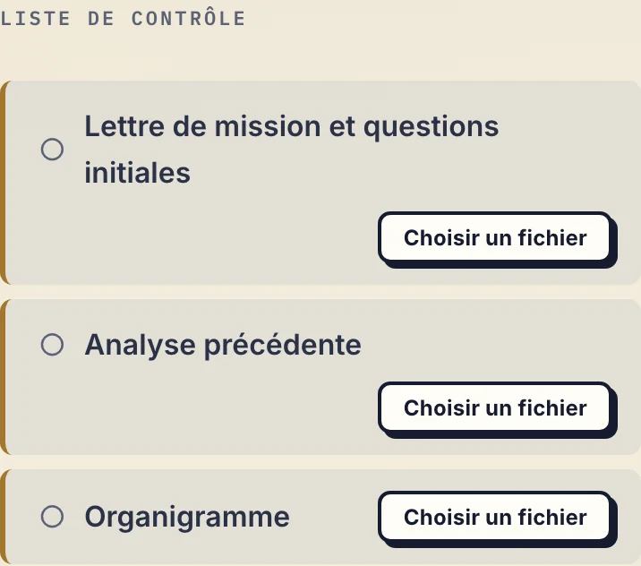 Liste en français avec lettre de mission et questions initiales, analyse précédente et organigramme manquants