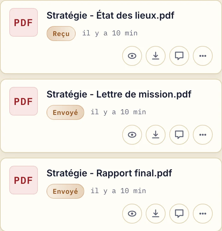 Liste de fichiers de stratégie avec état des lieux reçu, lettre de mission et rapport final envoyés