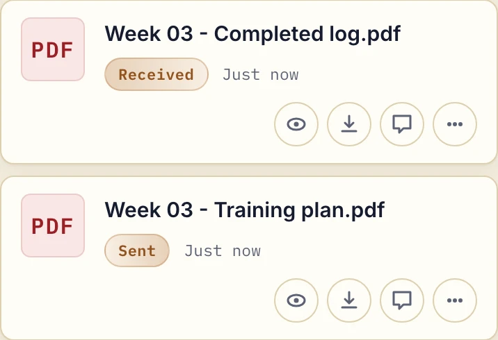 Actual portal file list showing the sent request or delivery document and the received client response.