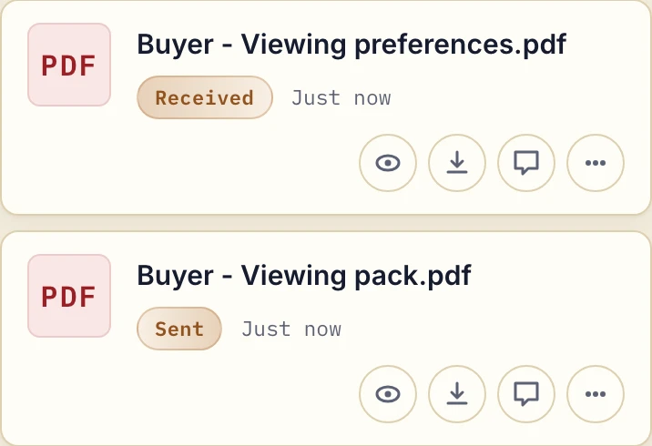 Business view showing the received Buyer viewing preferences and sent viewing pack PDF