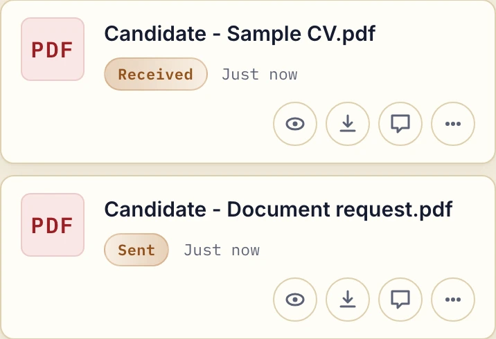 Business view showing the received Candidate sample CV and sent document request PDF